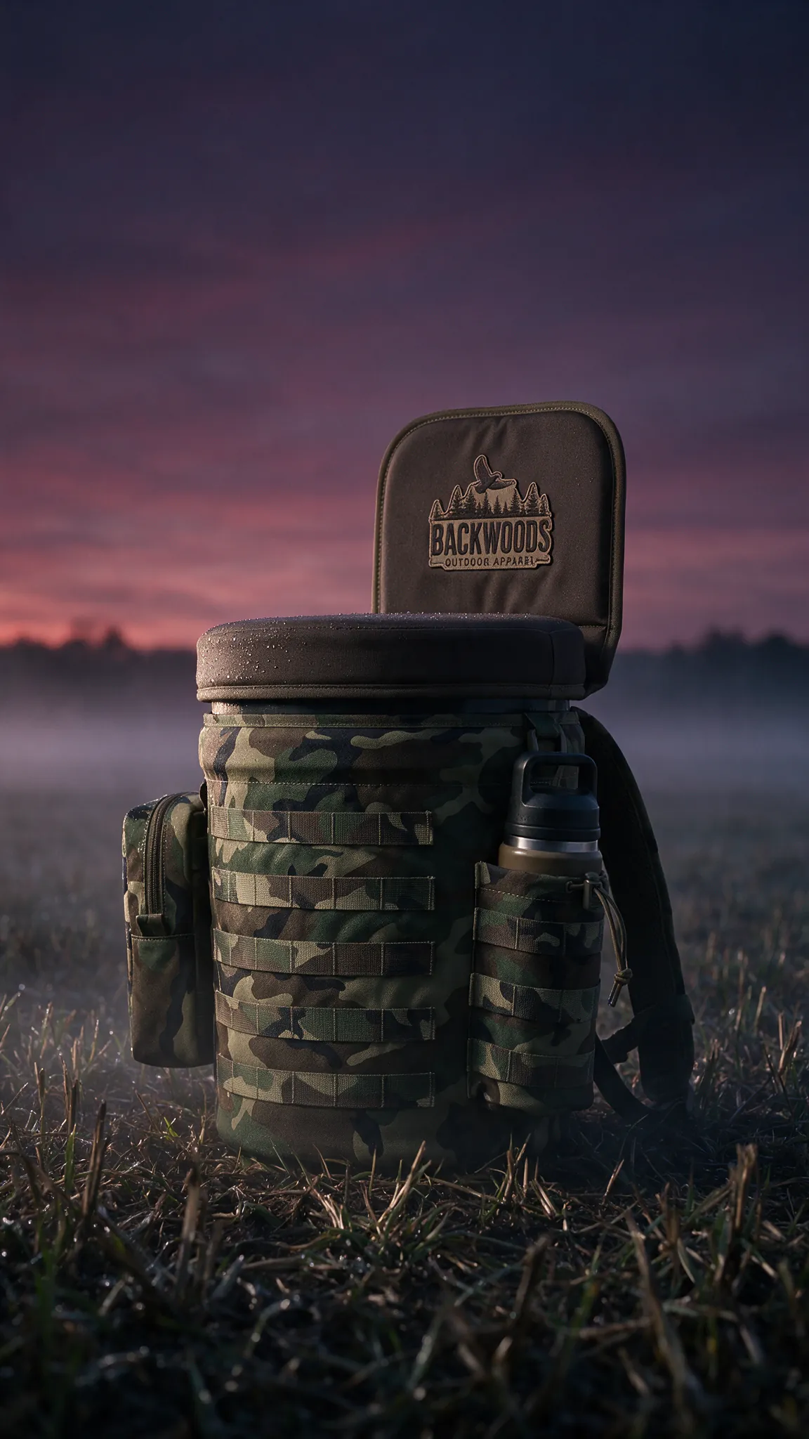 Backwoods seat pack in a field under a violet dusk sky