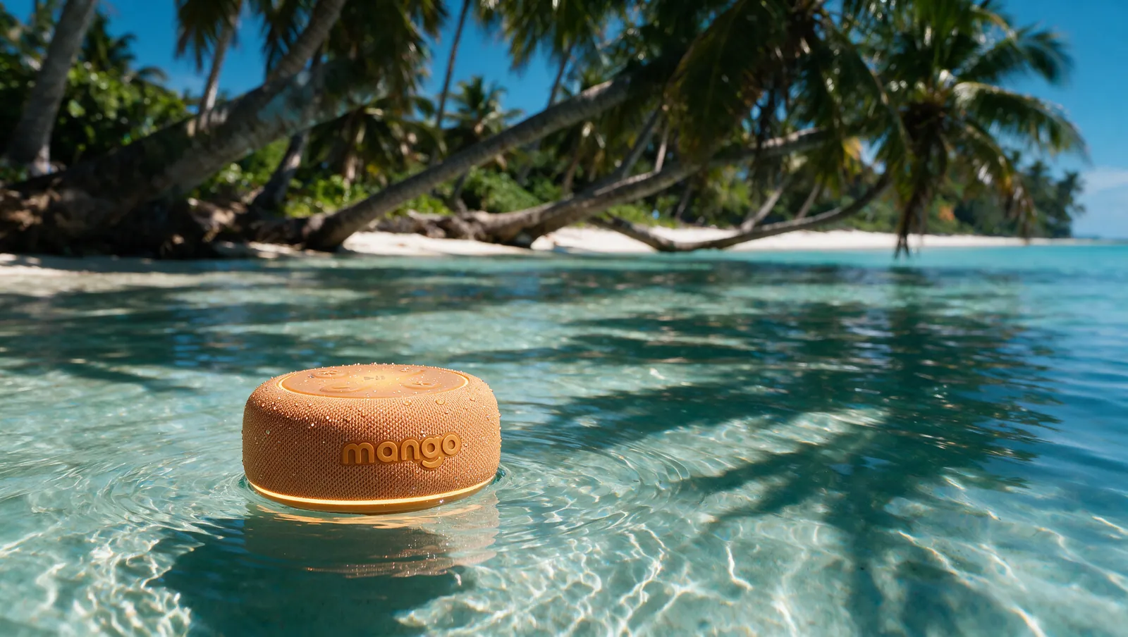 Mango speaker floating in a turquoise lagoon