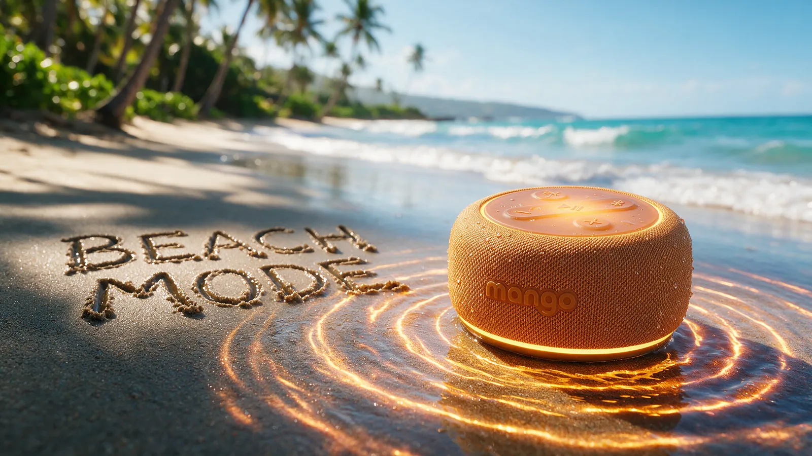 Mango speaker on wet sand with BEACH MODE written beside it