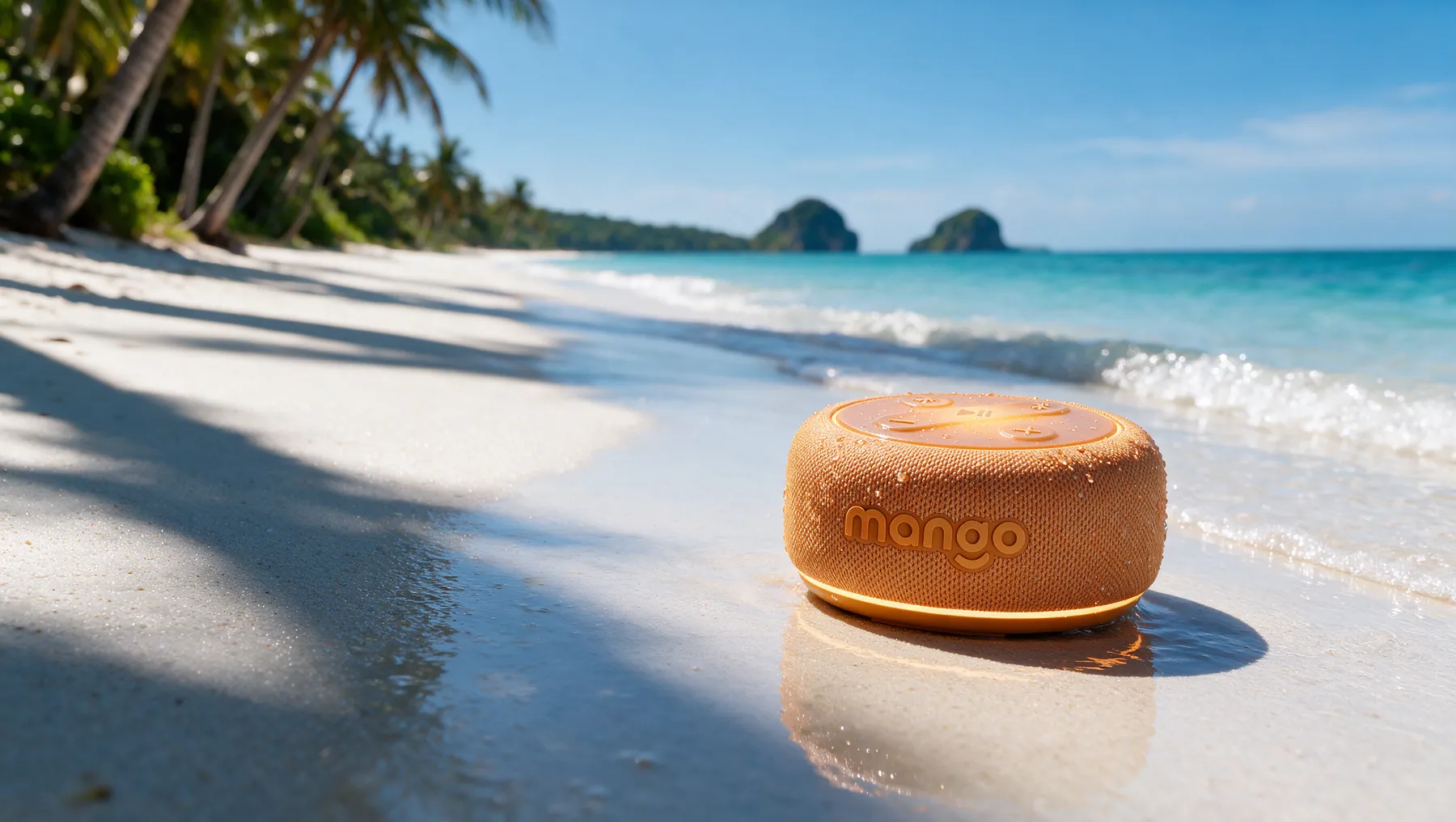 Orange Mango speaker in shallow water on a white-sand beach