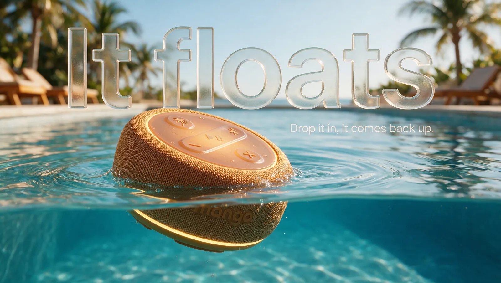 Mango speaker floating in a hotel pool