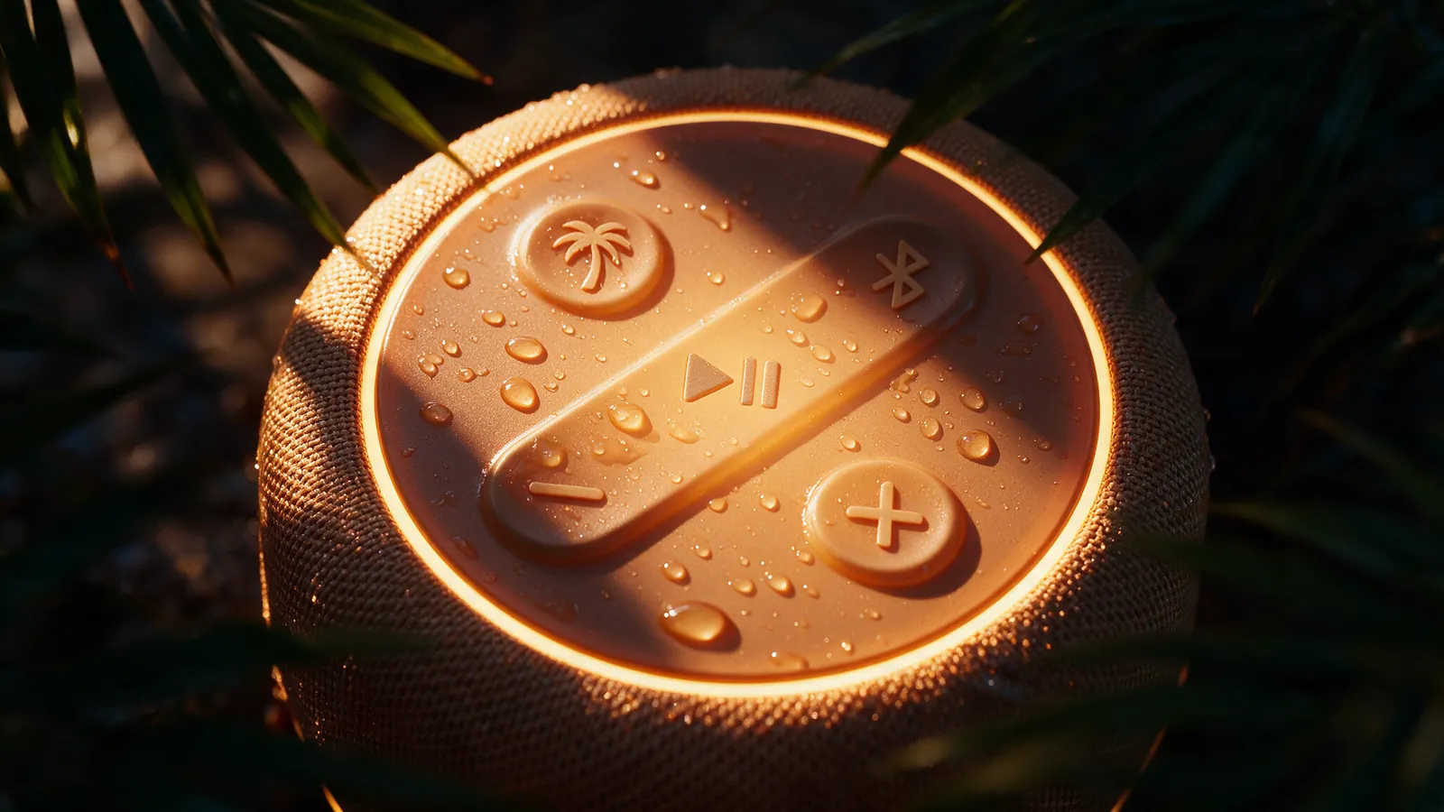 Macro of the Mango speaker controls with water droplets