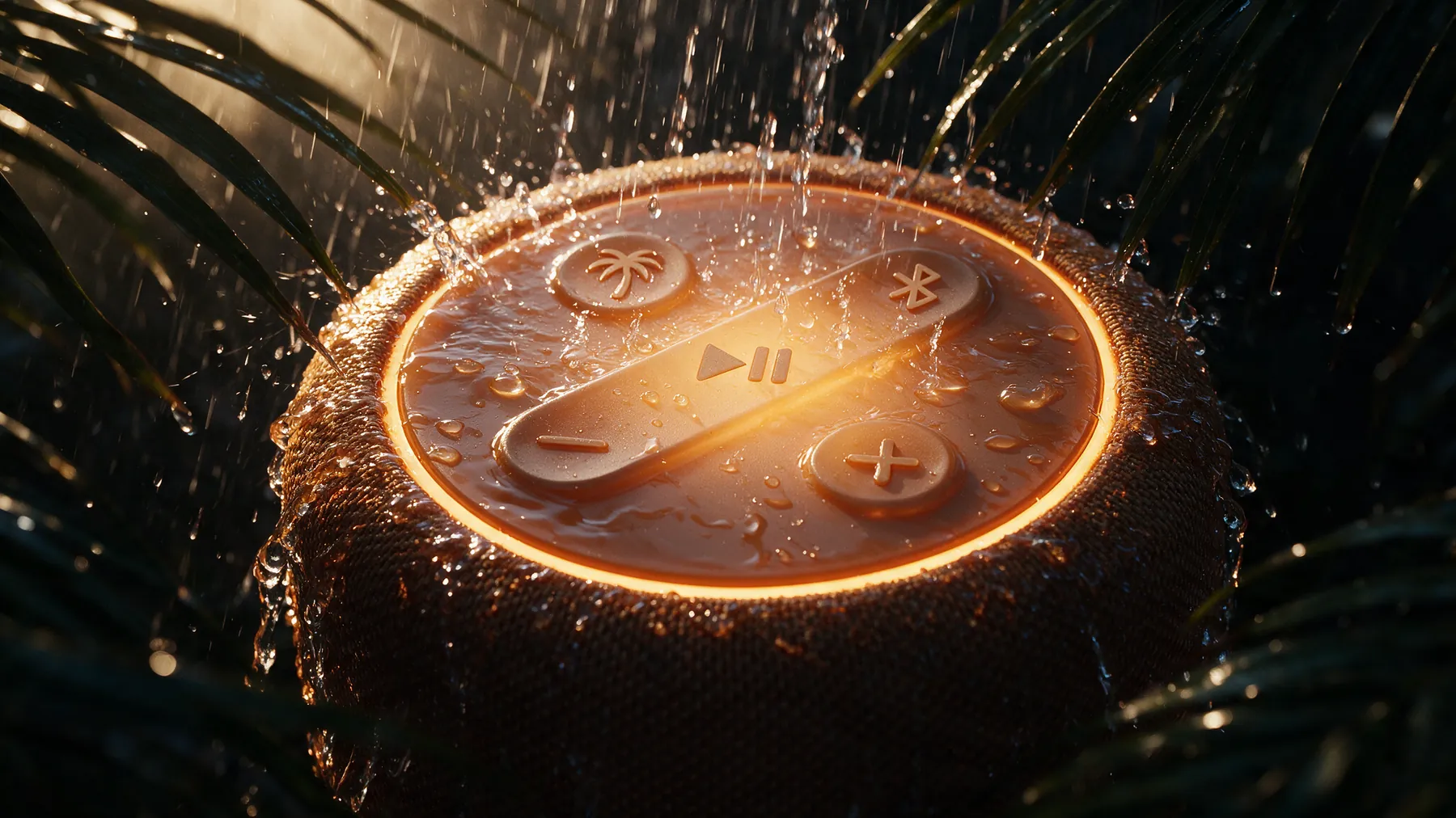 Macro of the Mango speaker control face under jungle rain