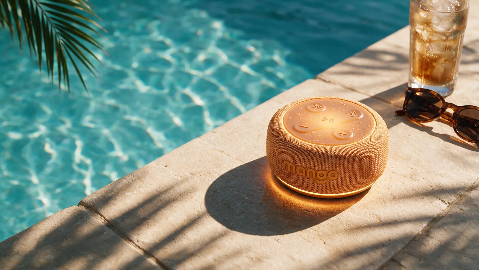Mango speaker on a pool edge next to an iced drink