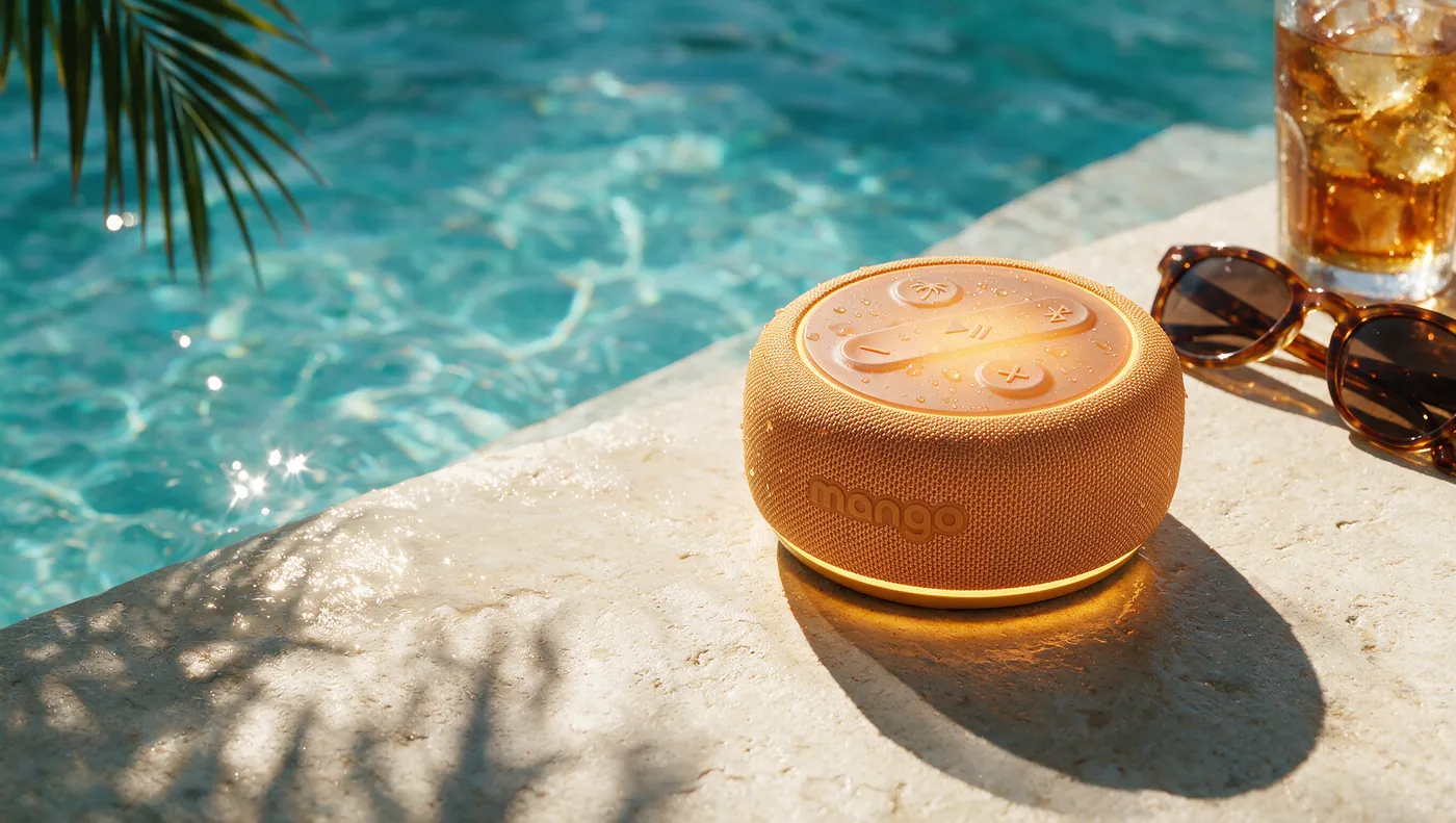 Mango speaker on a sunny pool edge