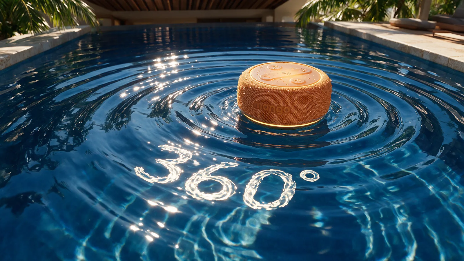 Mango speaker floating in a pool, 360° ripples