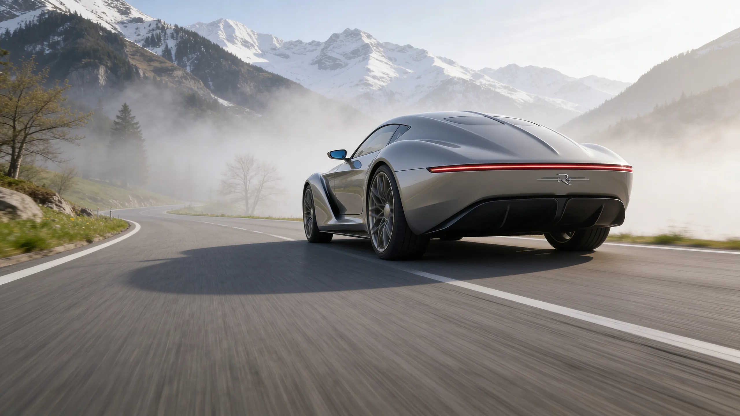 Rear of the Mirage concept car on an alpine road with mist and snowy peaks