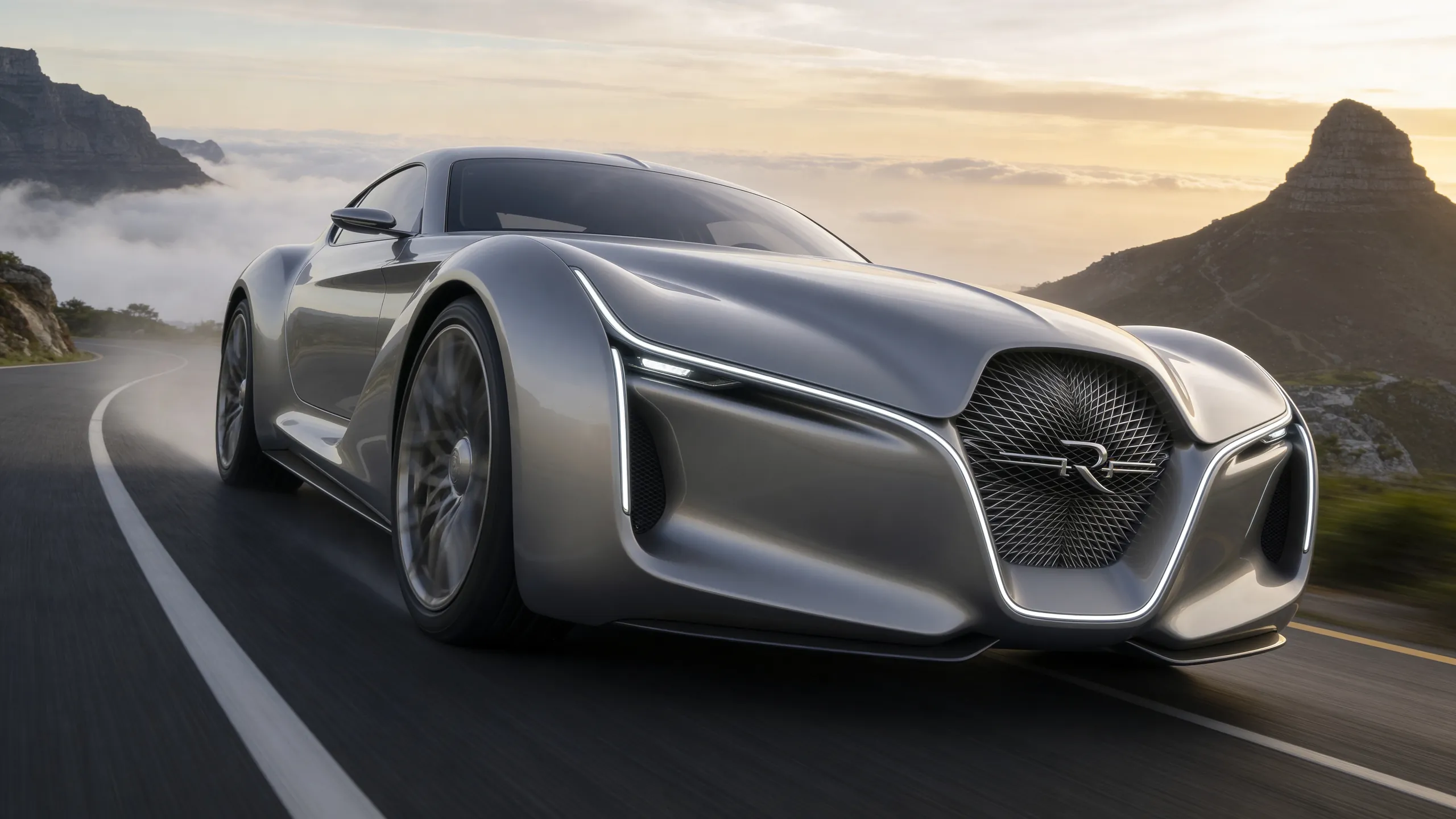 Silver Renaissance 37 Mirage concept car on a coastal road on the Cape Peninsula at first light