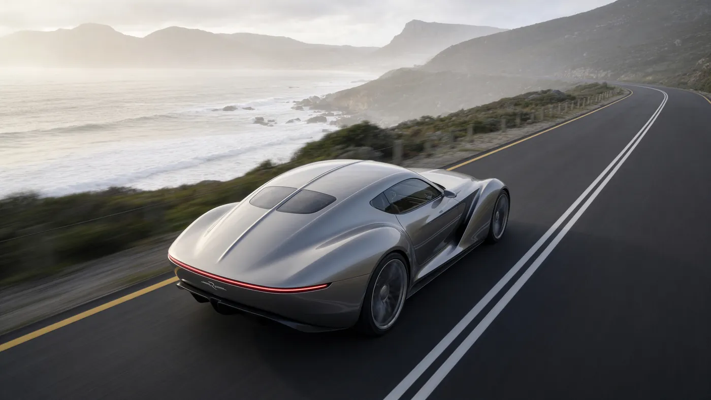 Rear of the Mirage concept car on a winding coastal road
