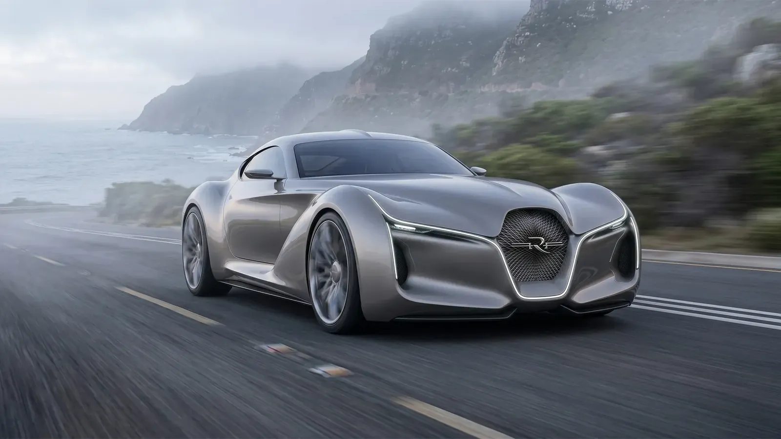 Mirage concept car on a misty coastal road