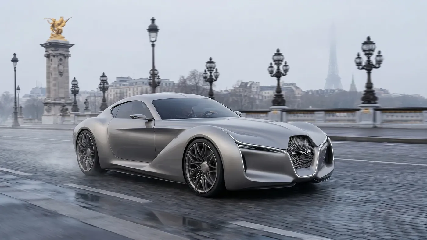 Mirage concept car on a Paris bridge in the rain