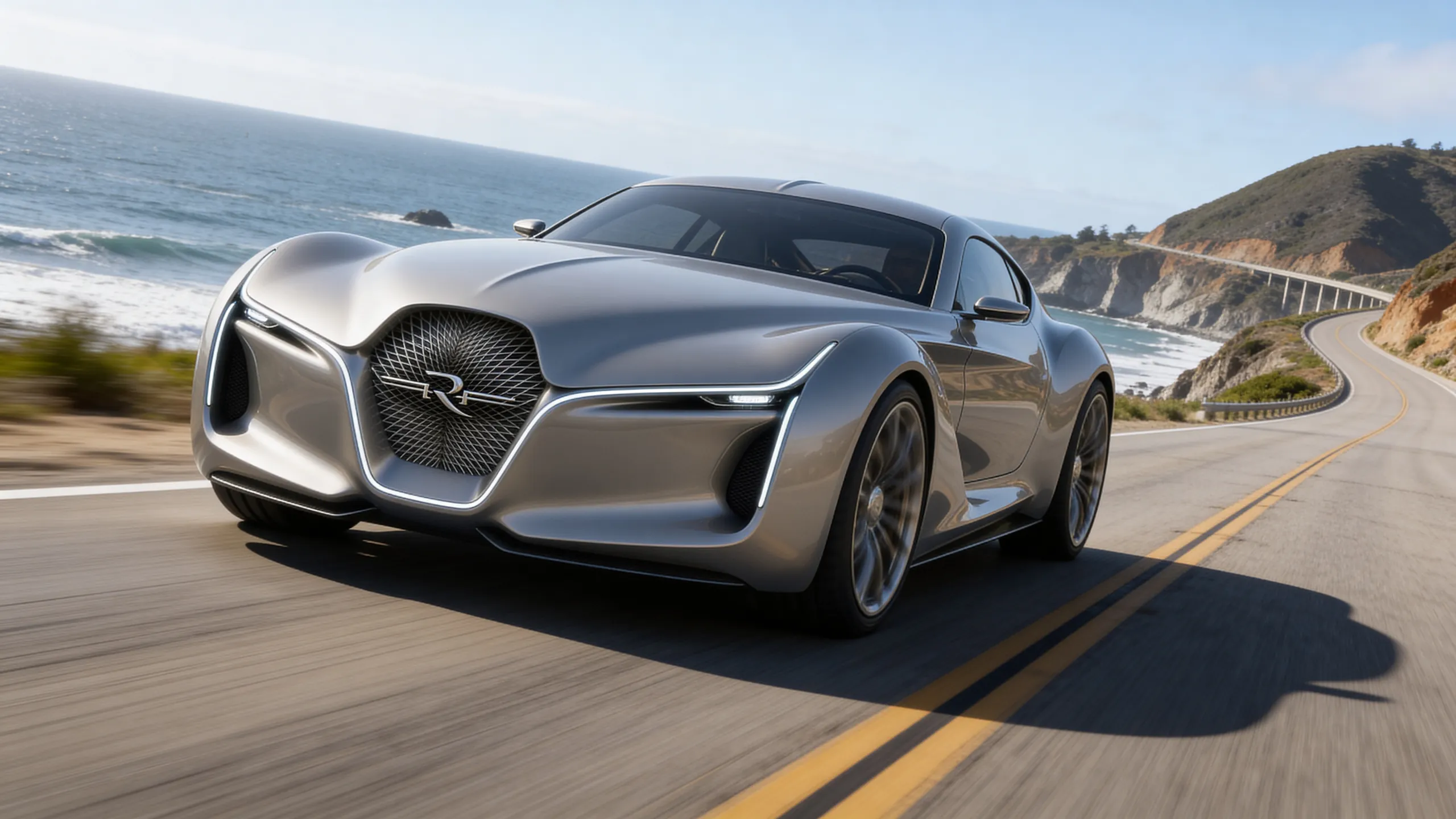 Mirage concept car on the Pacific Coast Highway with a bridge behind