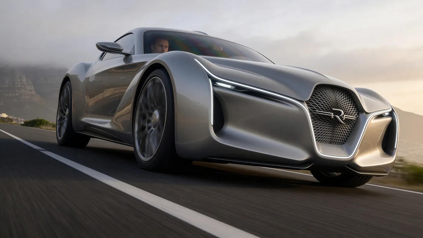 Four studio angles of the Mirage concept car on grey